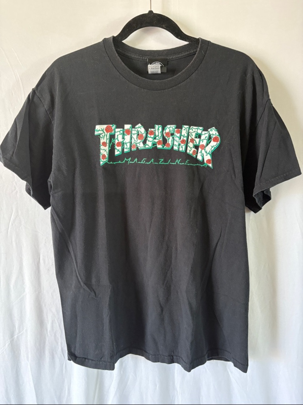 Thrasher Black Tee with Red Rose Graphic